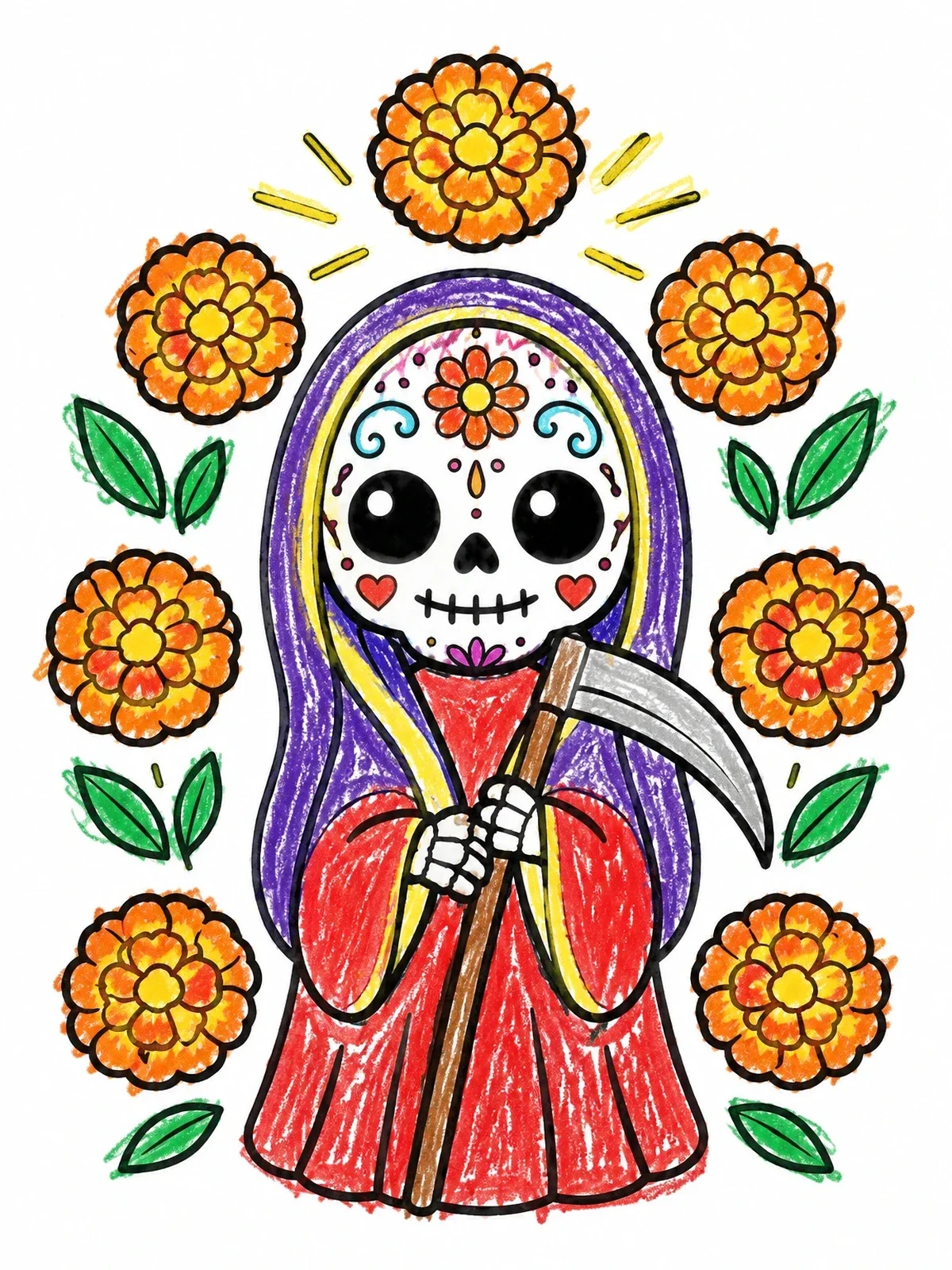 Colored example of the Cute Santa Muerte With Marigolds coloring page