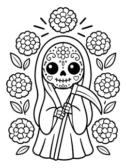 Free printable Cute Santa Muerte With Marigolds coloring page