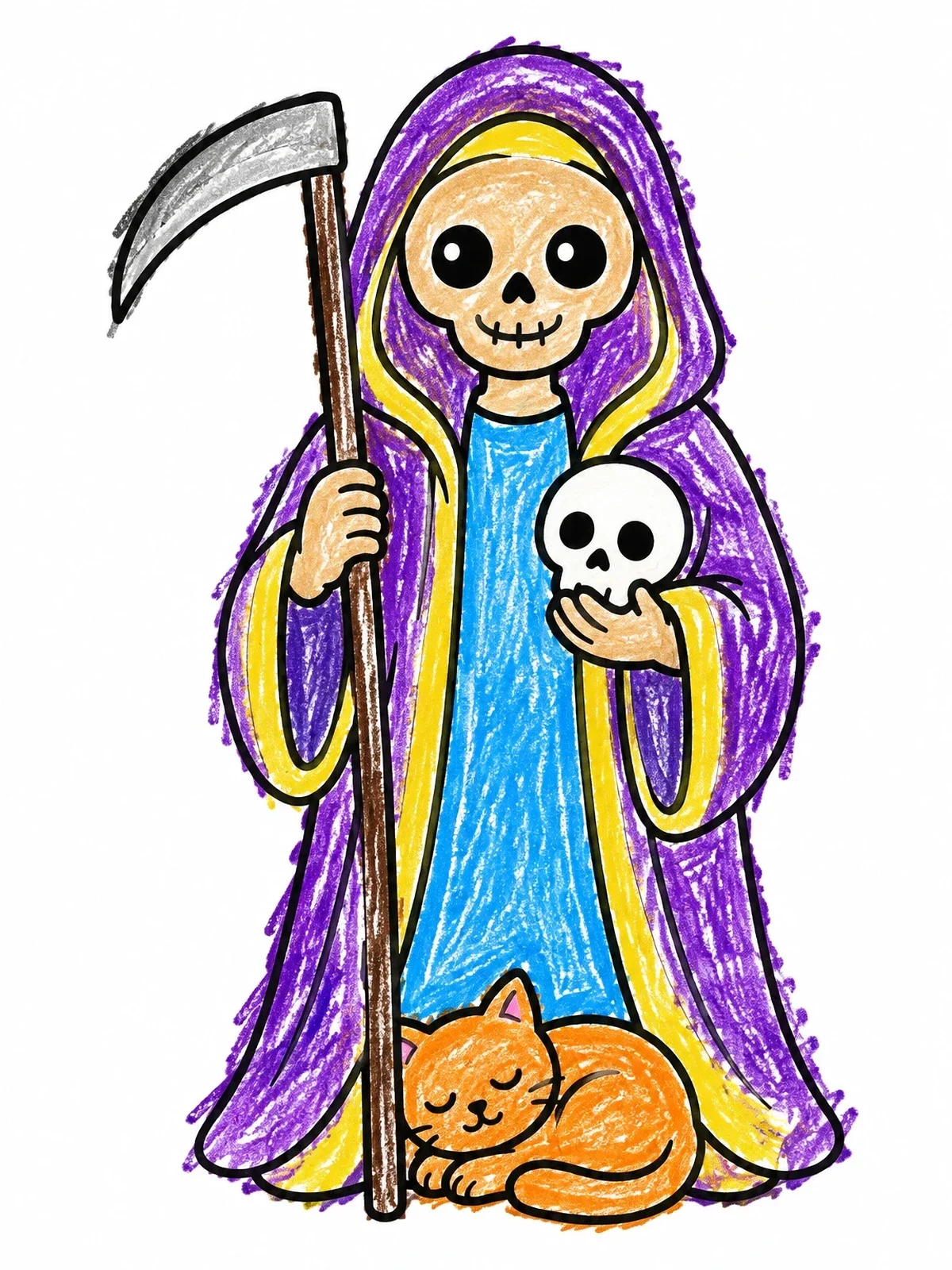 Colored example of the Cute Santa Muerte With Sleeping Cat coloring page