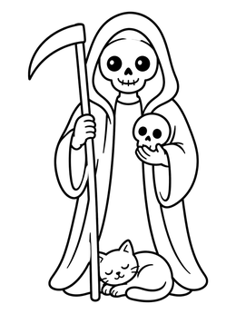 Free printable Cute Santa Muerte With Sleeping Cat coloring page