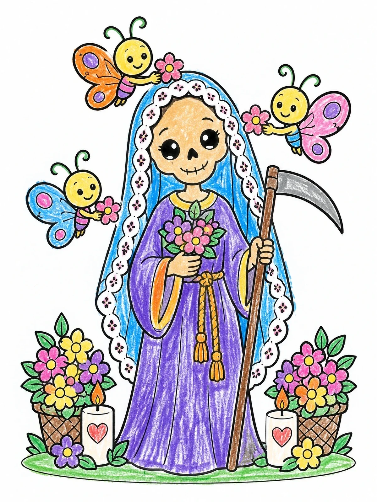 Colored example of the Cute Santa Muerte With Butterflies coloring page