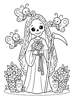 Free printable Cute Santa Muerte With Butterflies coloring page