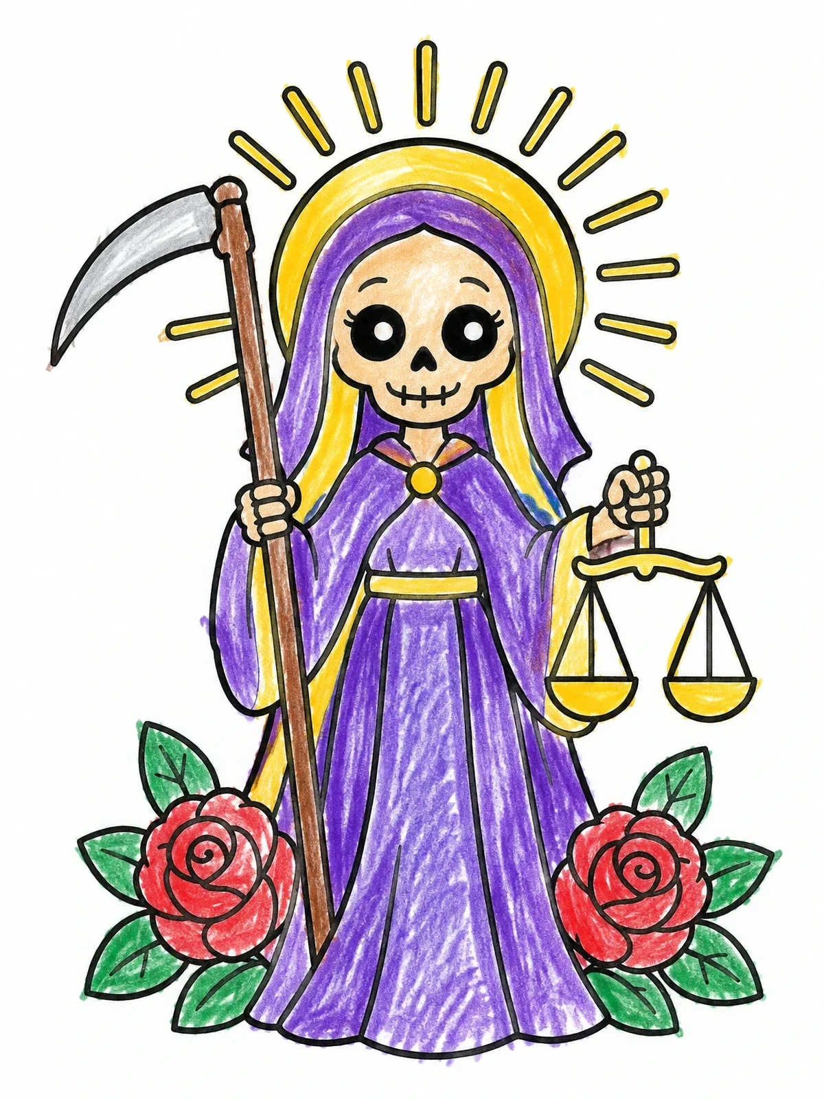 Colored example of the Cute Santa Muerte With Roses coloring page