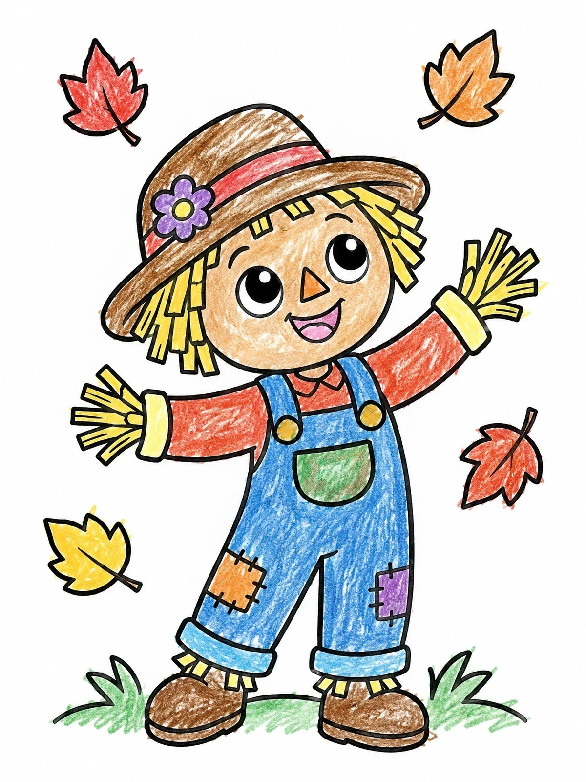 Colored example of the Cheerful Scarecrow Catching Autumn Leaves coloring page