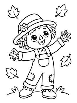 Free printable Cheerful Scarecrow Catching Autumn Leaves coloring page