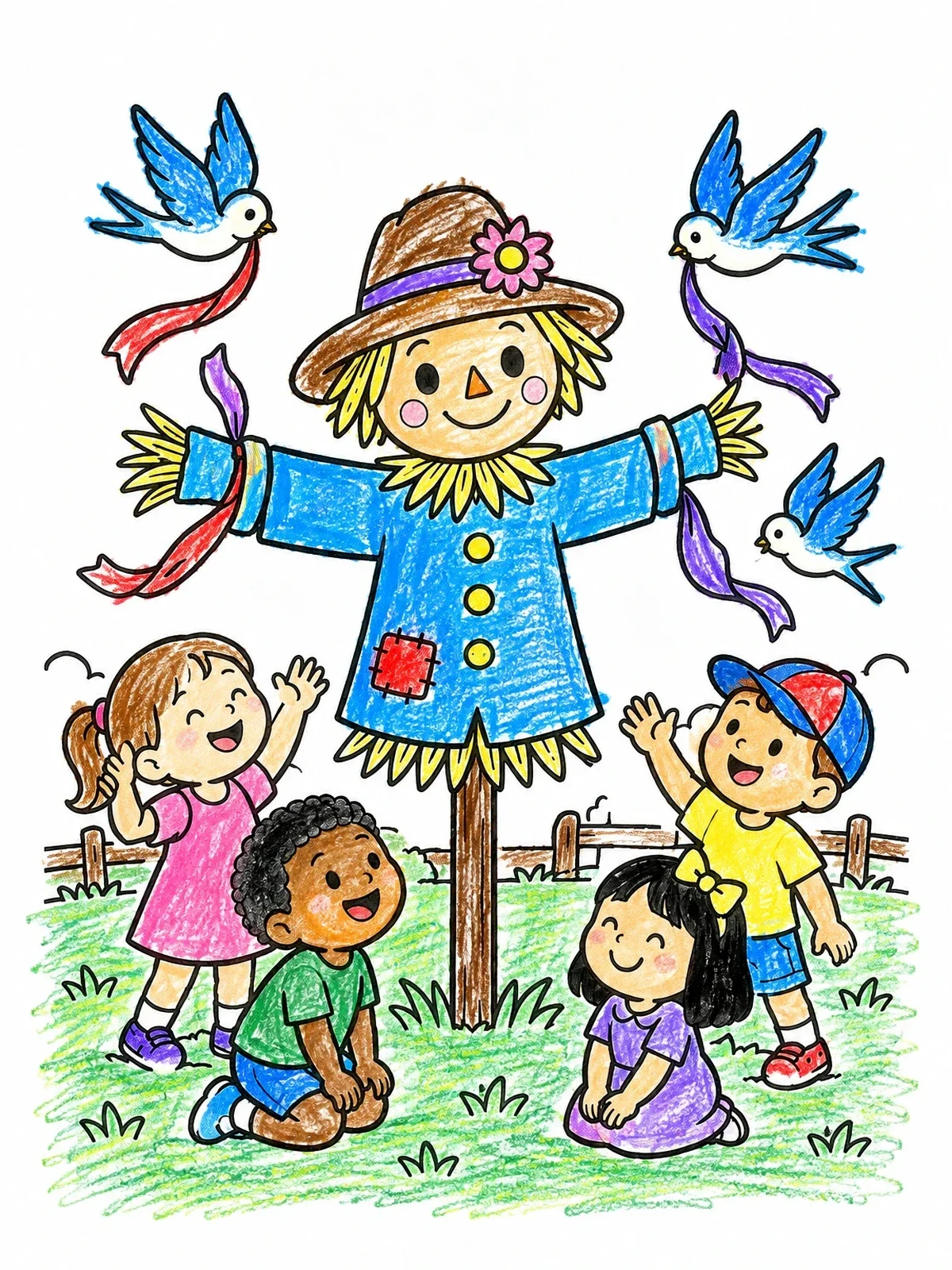 Colored example of the Cheerful Scarecrow With Happy Children coloring page