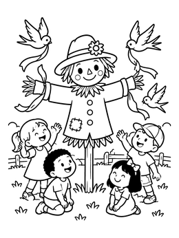 A cute scarecrow coloring page with happy children and flying birds gathered around it in a sunny field.