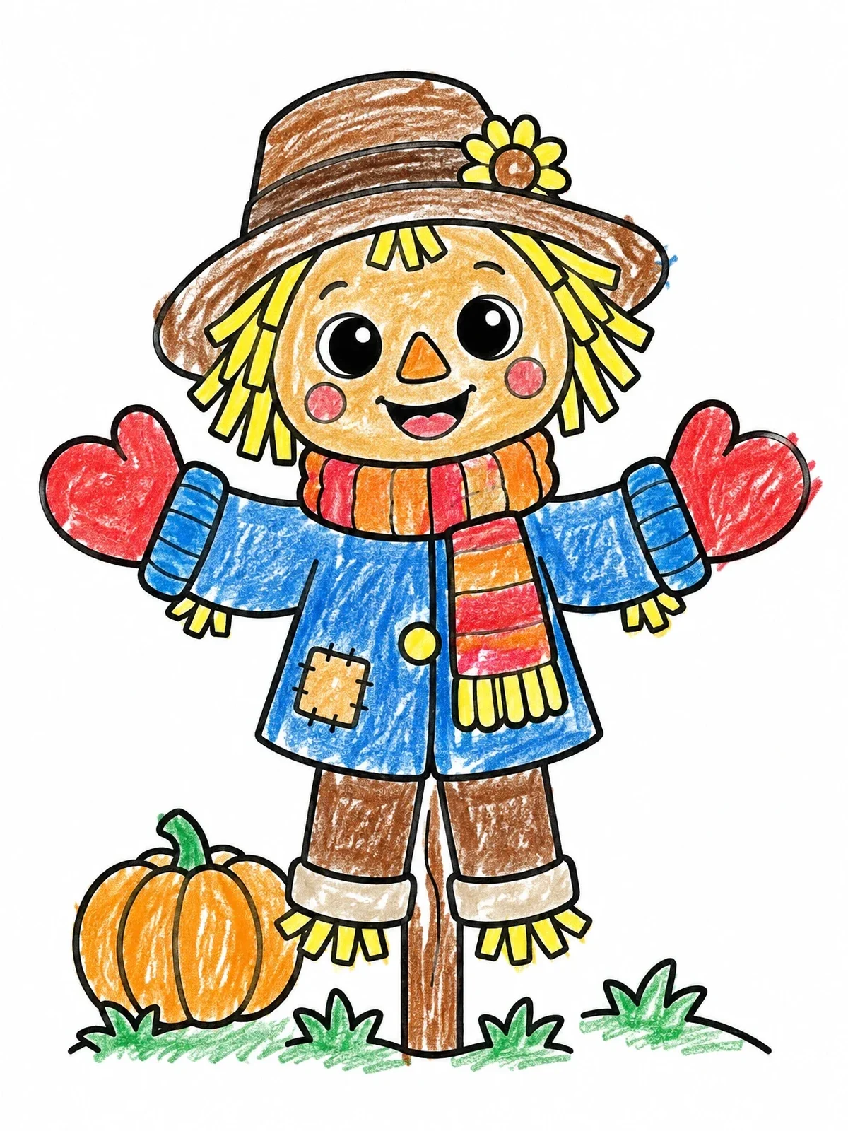 Colored example of the Cozy Autumn Scarecrow With Mittens coloring page