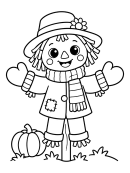 A cheerful, cute scarecrow coloring page featuring warm mittens, a cozy scarf, and a pumpkin.