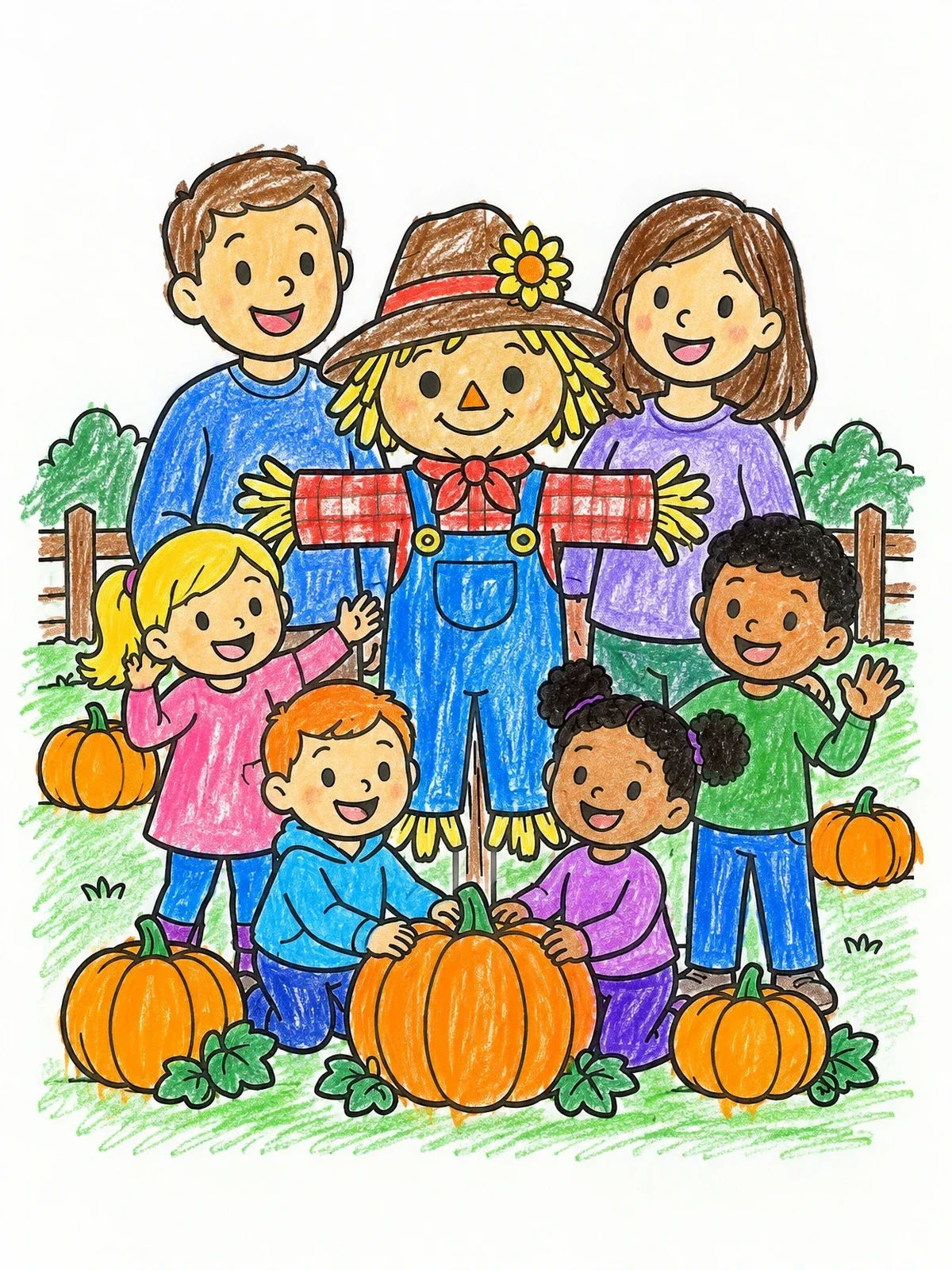 Colored example of the Family With Scarecrow In Pumpkin Patch coloring page