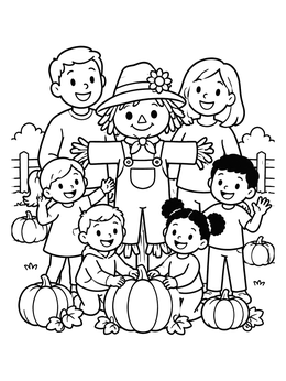 A happy family gathers around in this cute scarecrow coloring page set in a pumpkin patch.