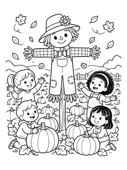 Happy children gather around a cute scarecrow coloring page in a pumpkin field.