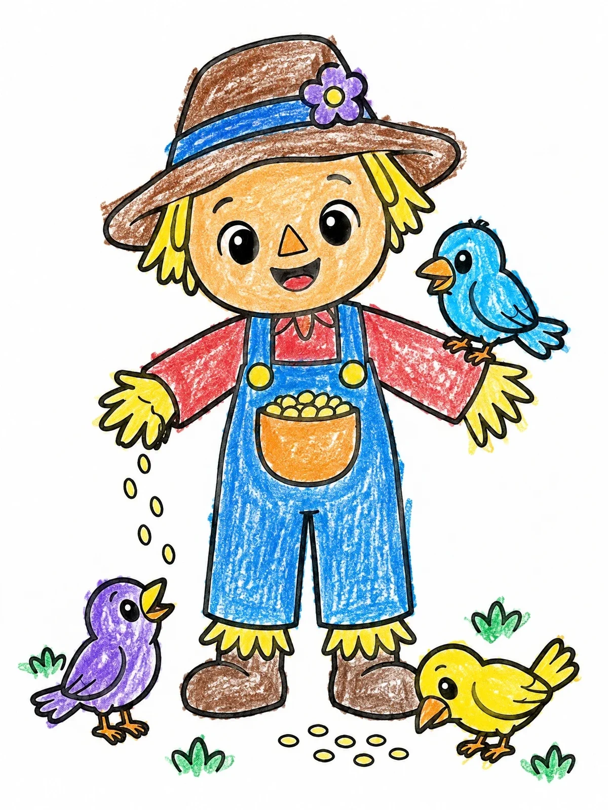 Colored example of the Friendly Scarecrow Feeding Little Birds coloring page