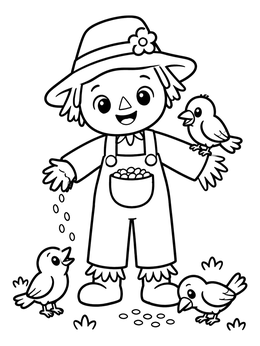 Free printable Friendly Scarecrow Feeding Little Birds coloring page