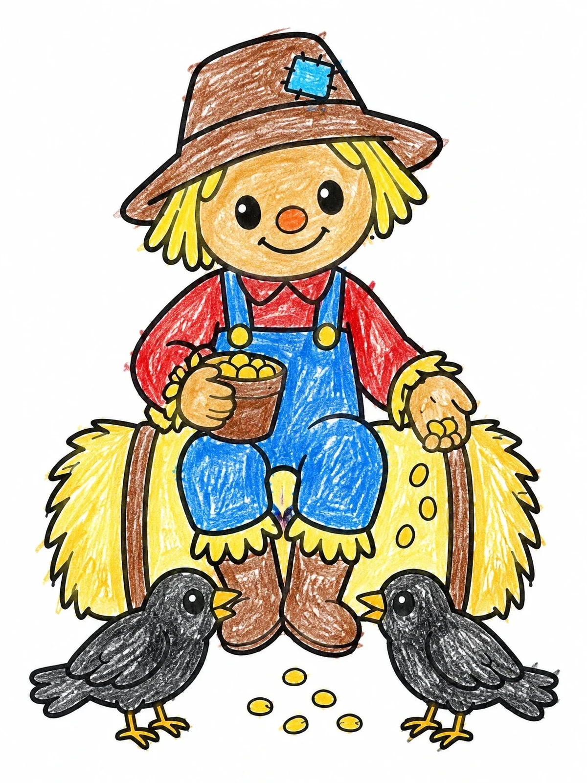 Colored example of the Friendly Scarecrow Feeding Two Little Birds coloring page
