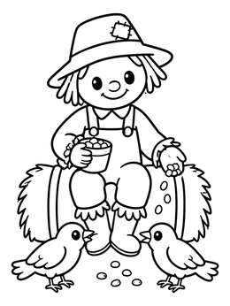 Free printable Friendly Scarecrow Feeding Two Little Birds coloring page