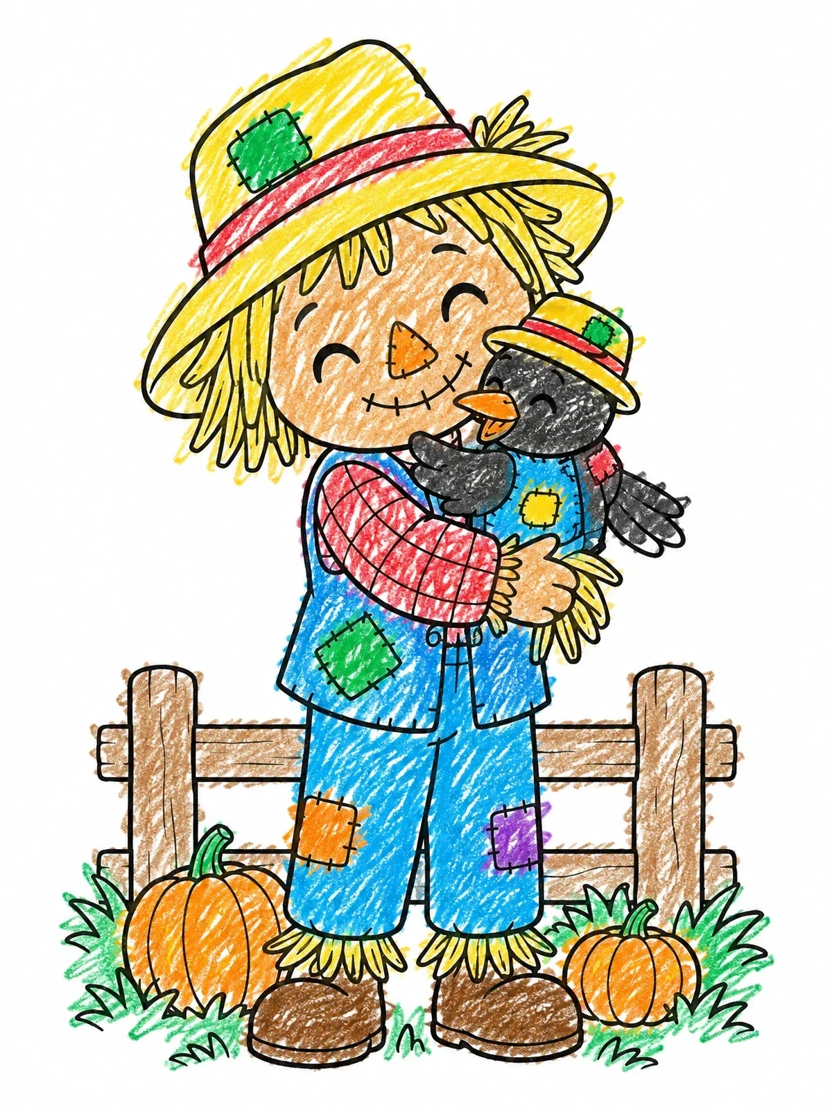 Colored example of the Friendly Scarecrow Hugging A Little Crow coloring page