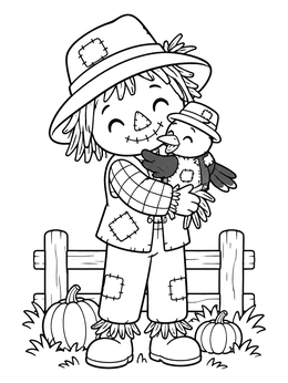 A cute scarecrow coloring page showing a smiling scarecrow cuddling a small bird in a hat.