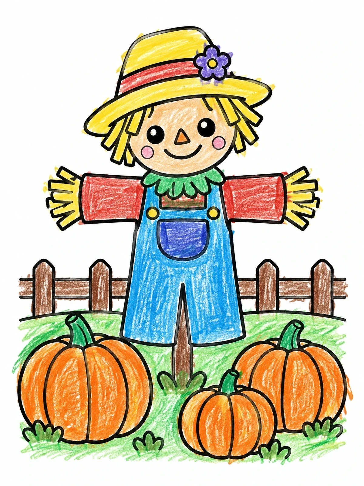 Colored example of the Friendly Scarecrow In Pumpkin Patch coloring page
