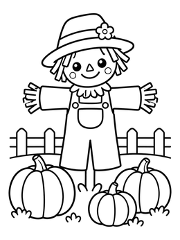 Free printable Friendly Scarecrow In Pumpkin Patch coloring page