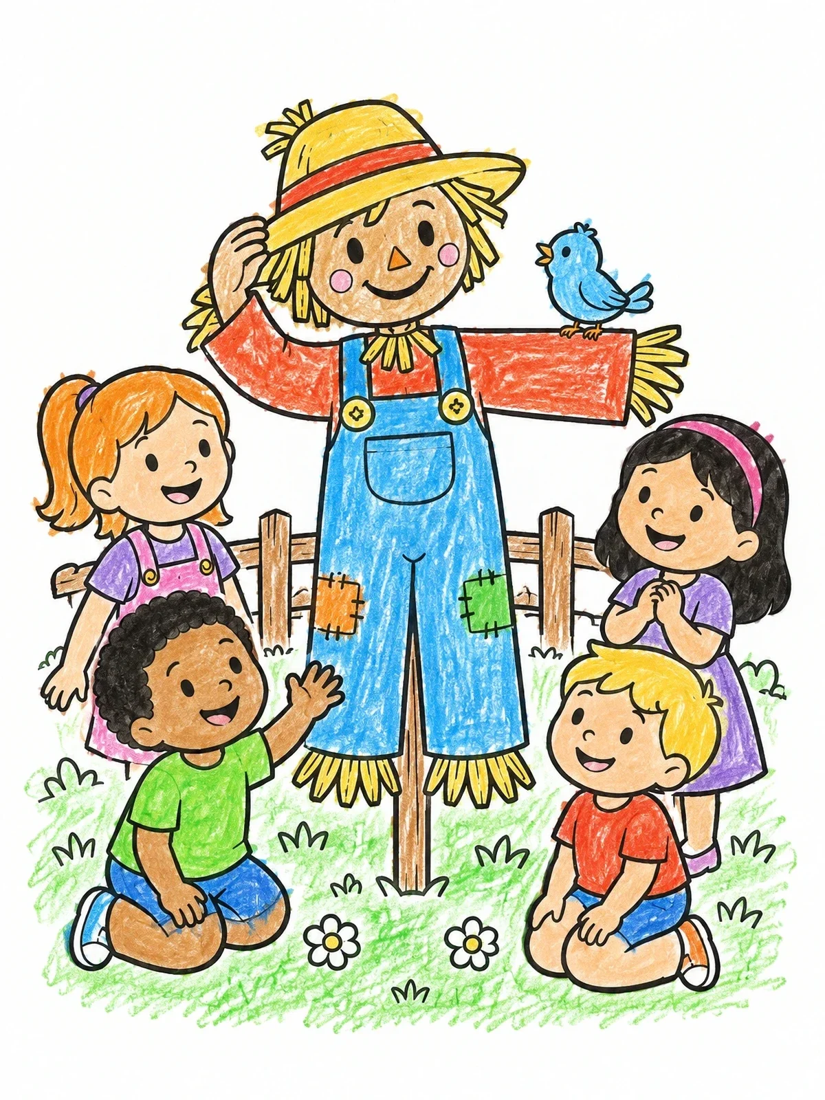 Colored example of the Friendly Scarecrow With Happy Children coloring page