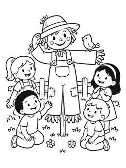 Free printable Friendly Scarecrow With Happy Children coloring page