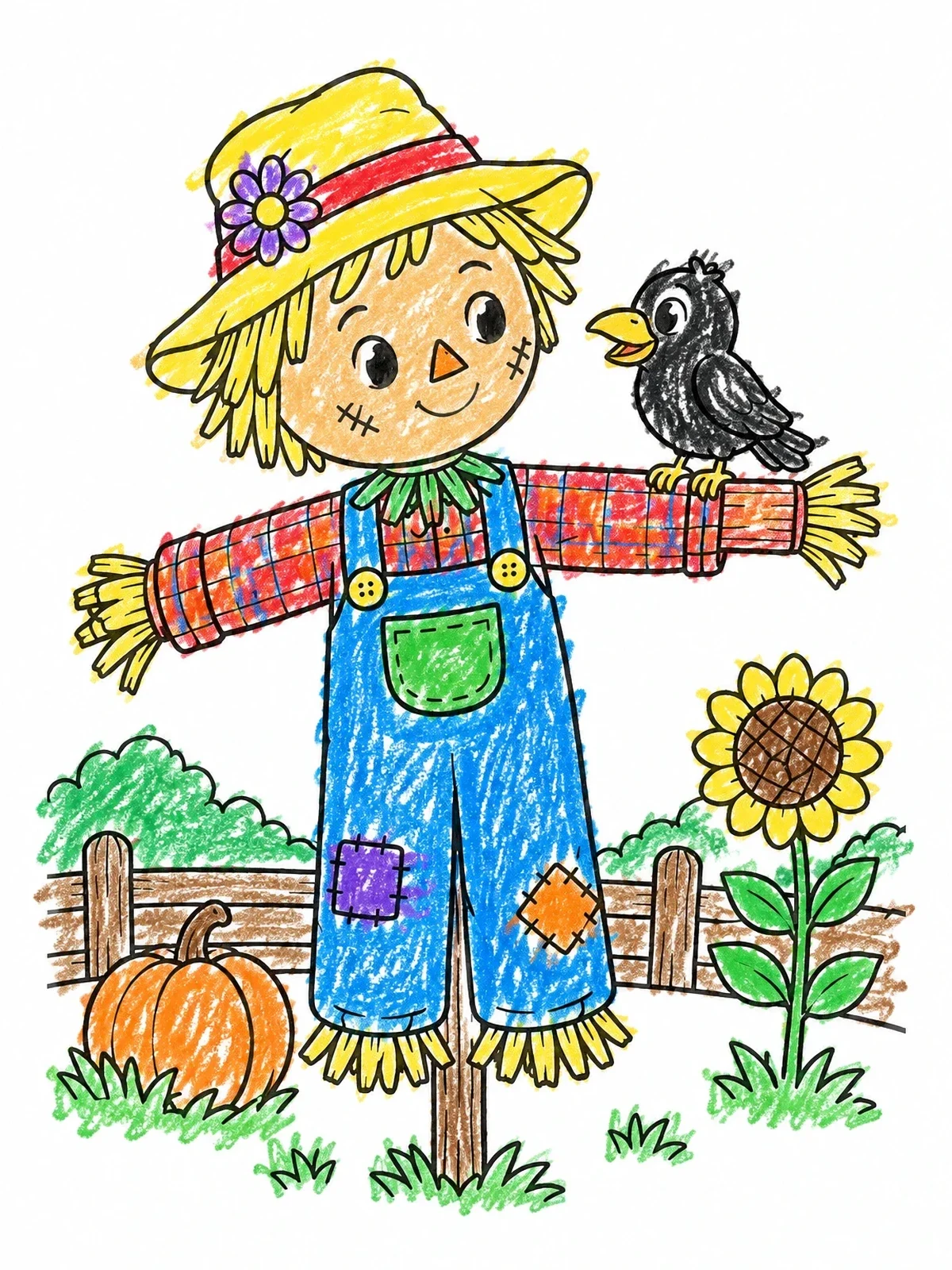 Colored example of the Friendly Scarecrow With Little Crow coloring page