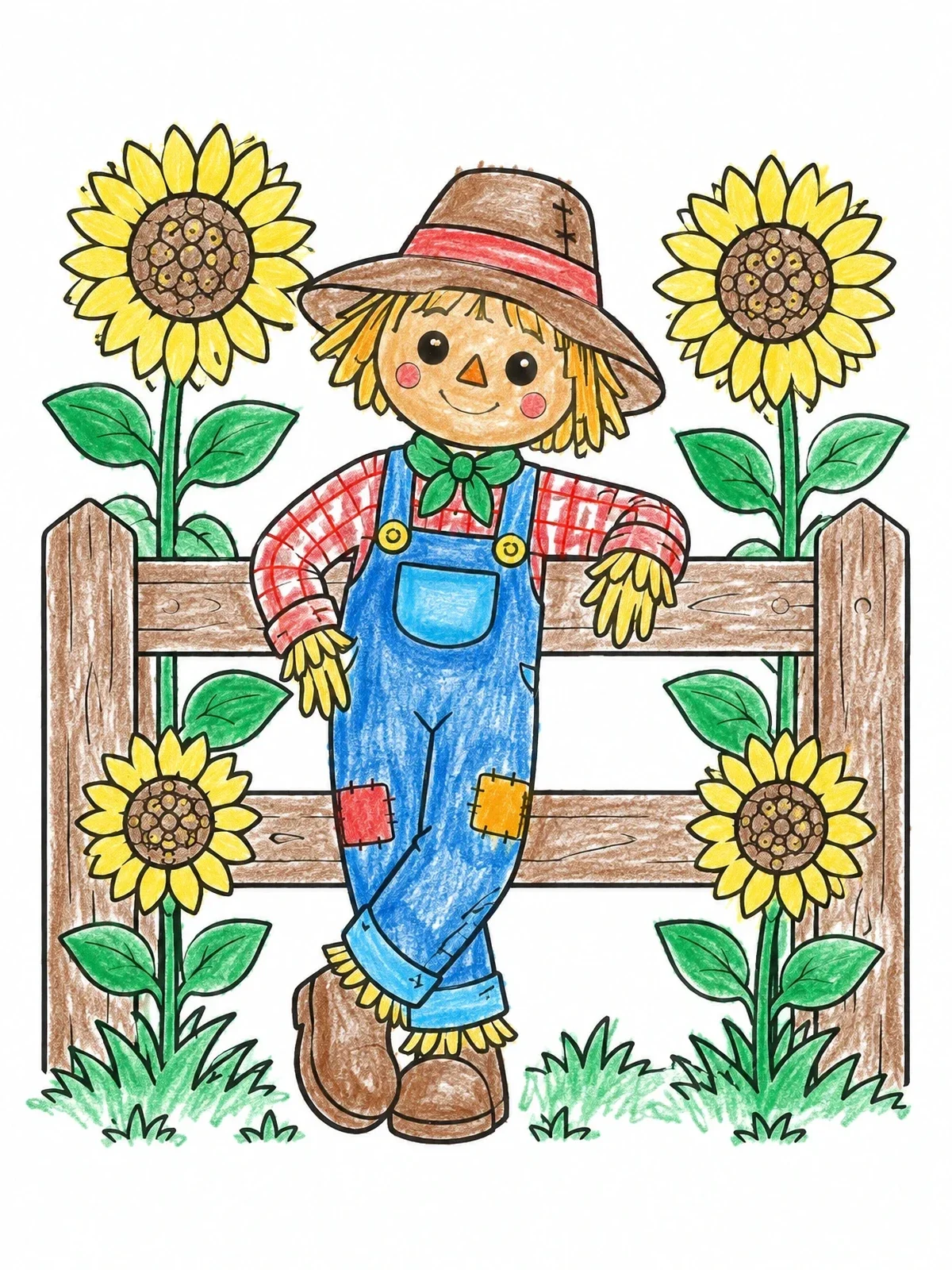Colored example of the Friendly Scarecrow By Wooden Fence coloring page