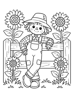 A cute scarecrow coloring page featuring a smiling scarecrow leaning on a wooden fence among sunflowers.