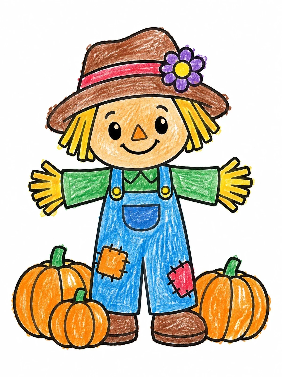 Colored example of the Happy Scarecrow With Pumpkins coloring page