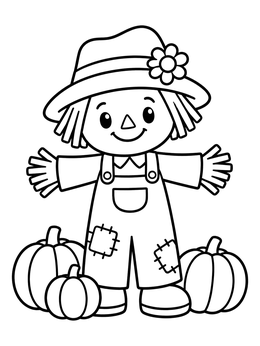 Free printable Happy Scarecrow With Pumpkins coloring page