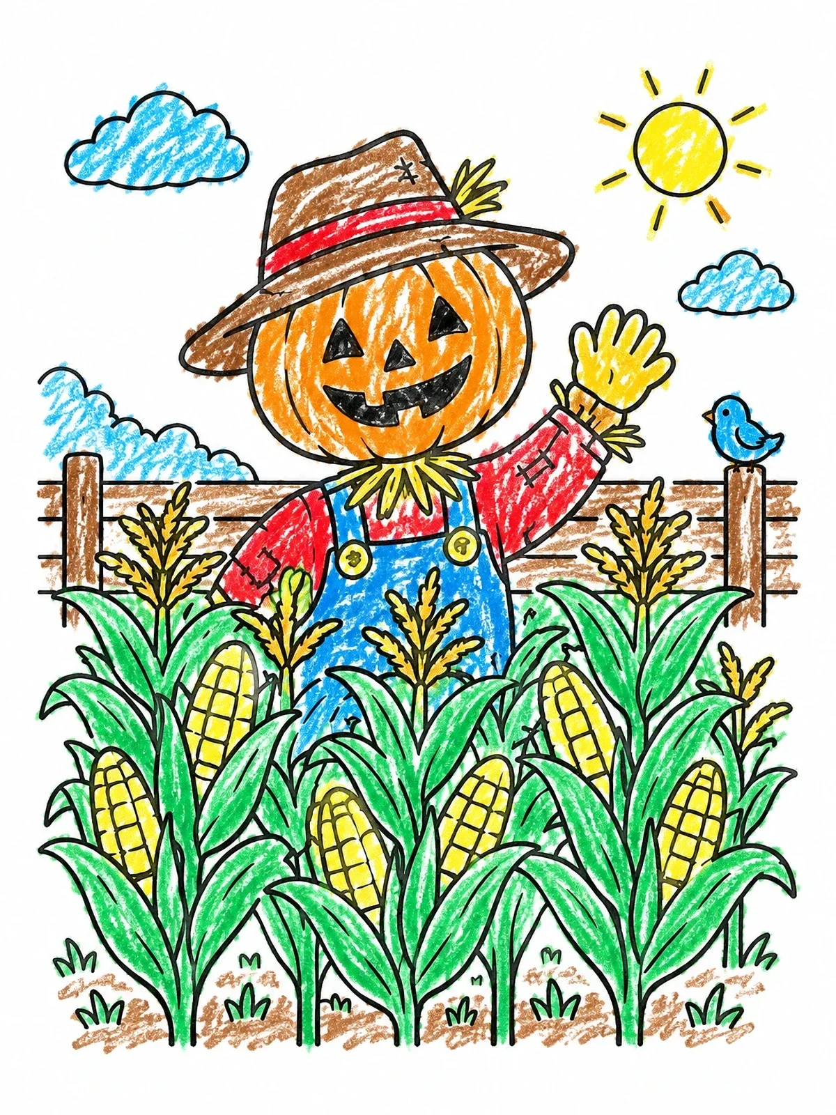 Colored example of the Pumpkin Head Scarecrow In Cornfield coloring page