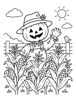 A friendly pumpkin scarecrow waves in this cute scarecrow coloring page set in a sunny cornfield.