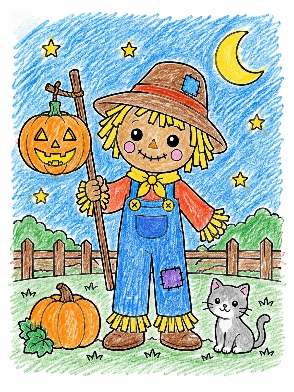Colored example of the Cute Scarecrow With Pumpkin Lantern coloring page