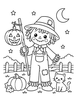 A cute scarecrow coloring page with a carved pumpkin lantern, a little kitten, and stars in the night sky.