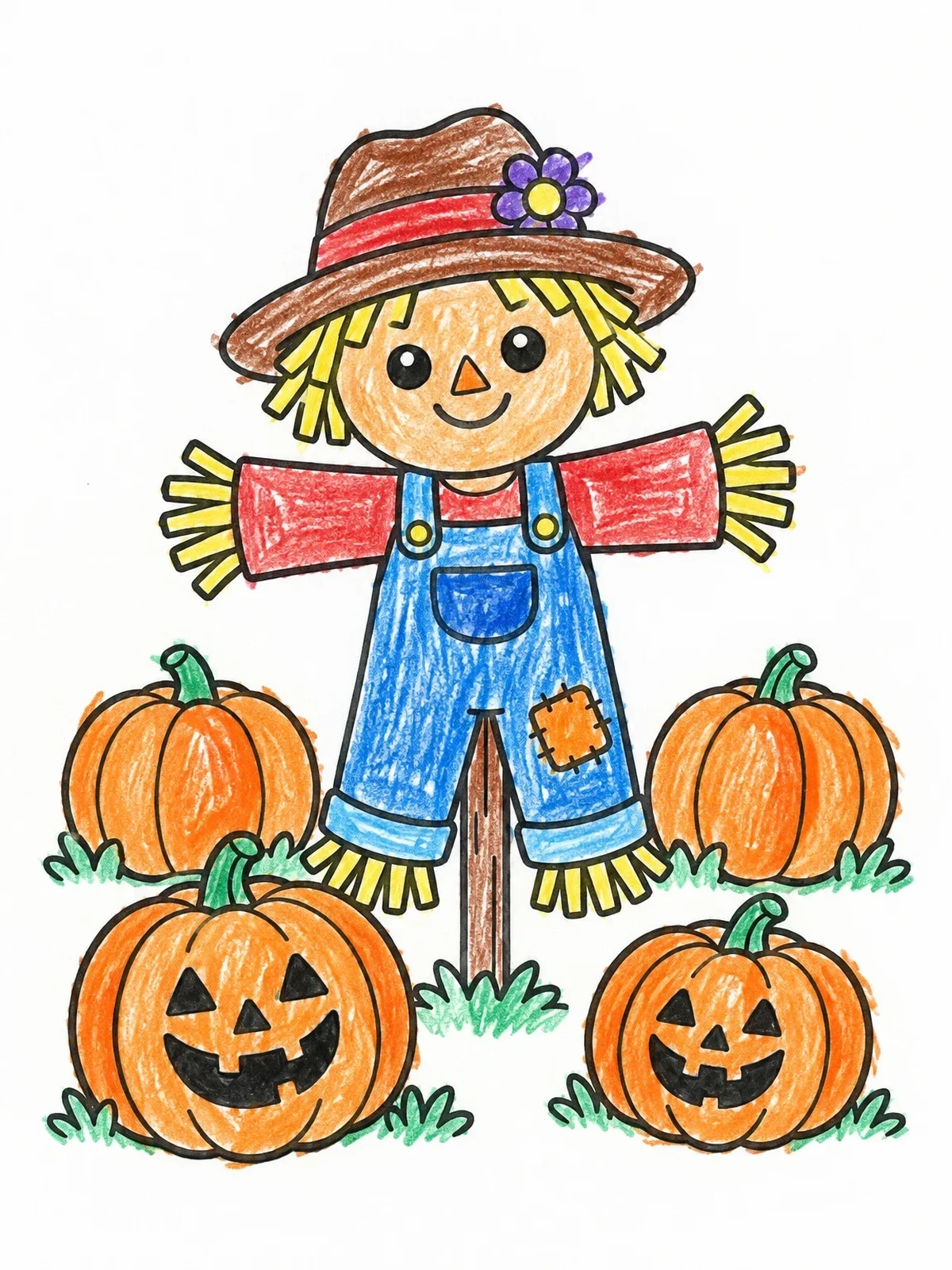 Colored example of the Cute Scarecrow In Pumpkin Patch coloring page