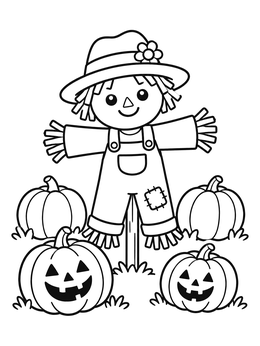 A cute scarecrow coloring page with happy jack-o'-lanterns in a field.