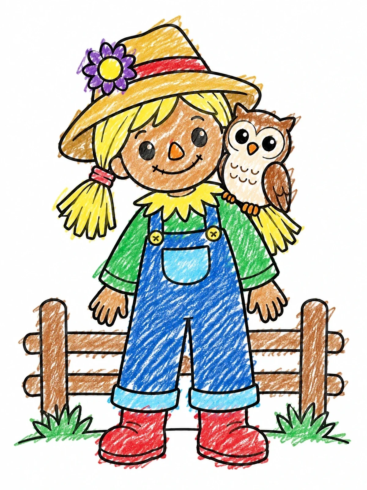 Colored example of the Scarecrow Girl With Friendly Owl coloring page