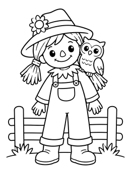 Free printable Scarecrow Girl With Friendly Owl coloring page