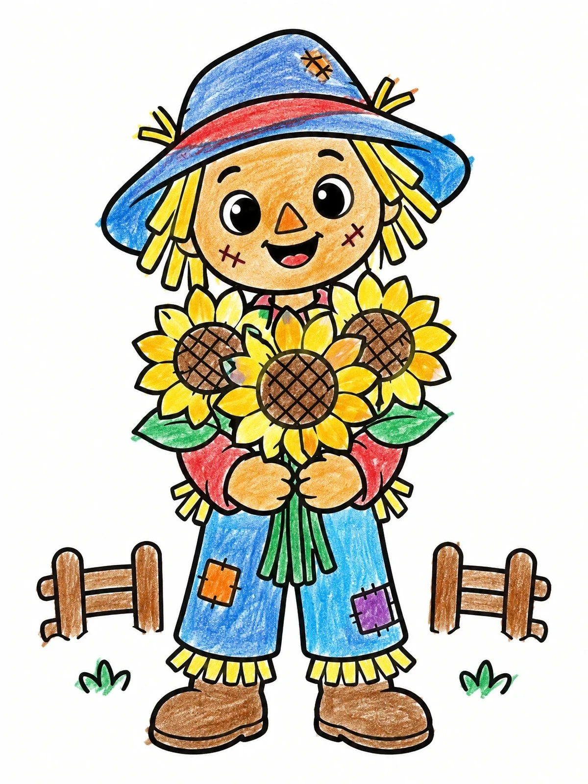 Colored example of the Friendly Scarecrow Holding Big Sunflowers coloring page