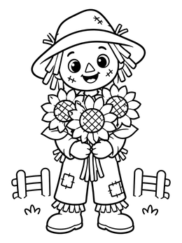 A cute scarecrow coloring page featuring a smiling scarecrow holding a bouquet of sunflowers.