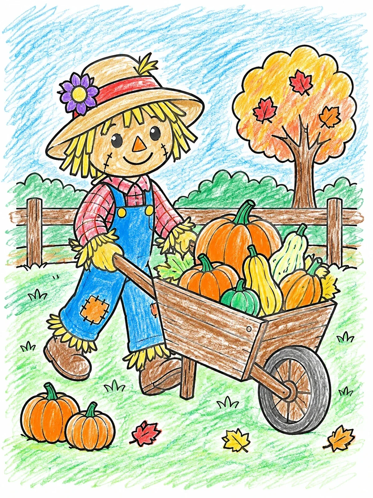 Colored example of the Scarecrow With Wheelbarrow Of Pumpkins coloring page