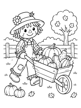 A cute scarecrow coloring page featuring a harvest wheelbarrow full of autumn pumpkins.