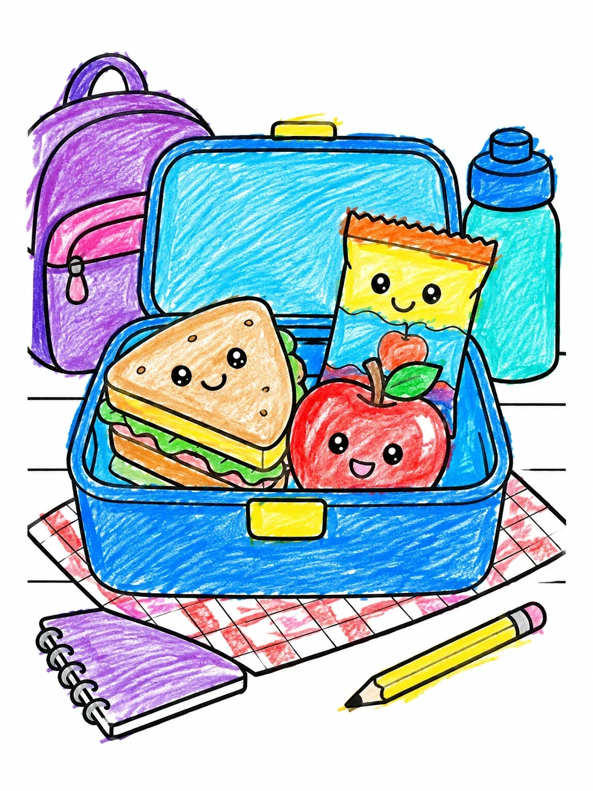 Colored example of the Cute School Lunchbox With Snacks coloring page