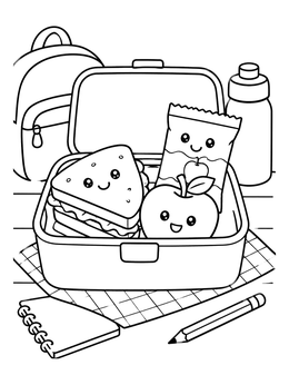 A cute food coloring page featuring smiling lunch snacks inside an open box.
