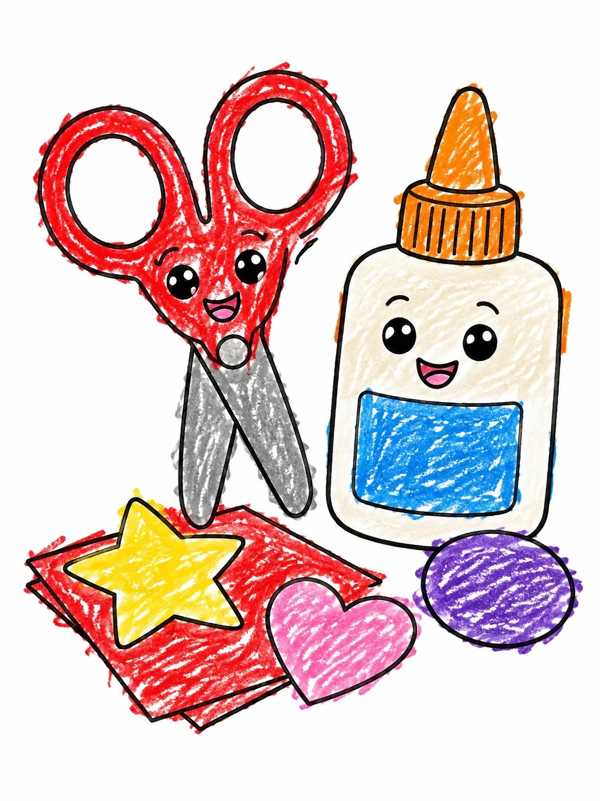 Colored example of the Cute Scissors And Craft Glue coloring page