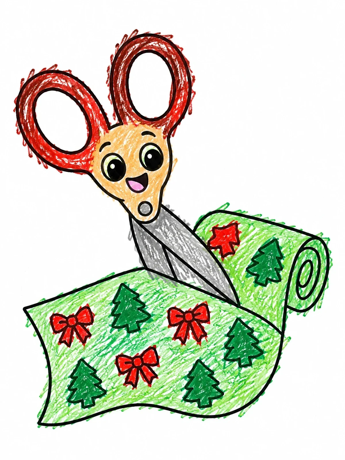 Colored example of the Cute Scissors Cutting Gift Paper coloring page