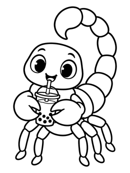 Free printable Cute Scorpion Drinking Boba Tea coloring page