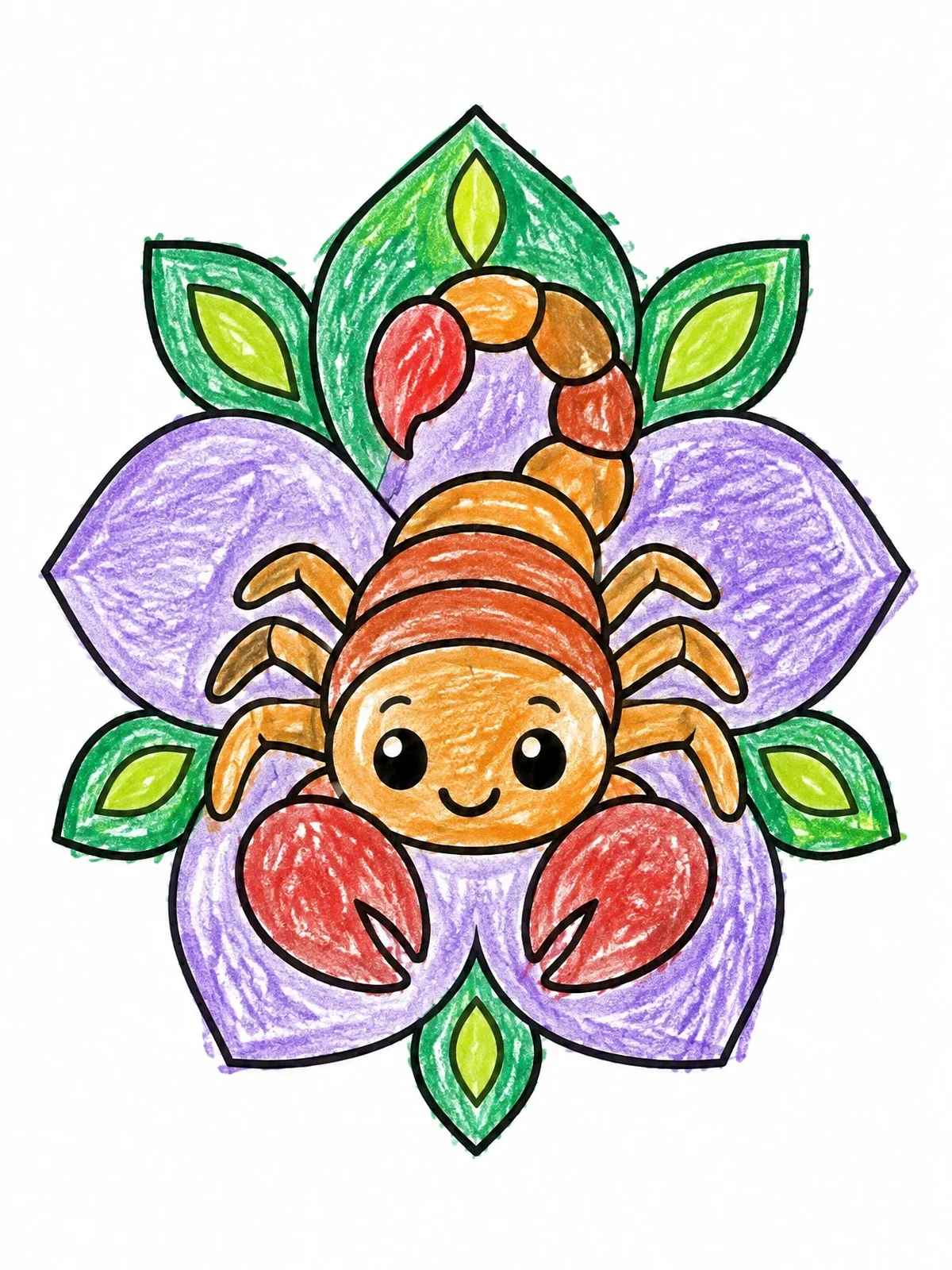 Colored example of the Cute Scorpion On Flower Mandala coloring page