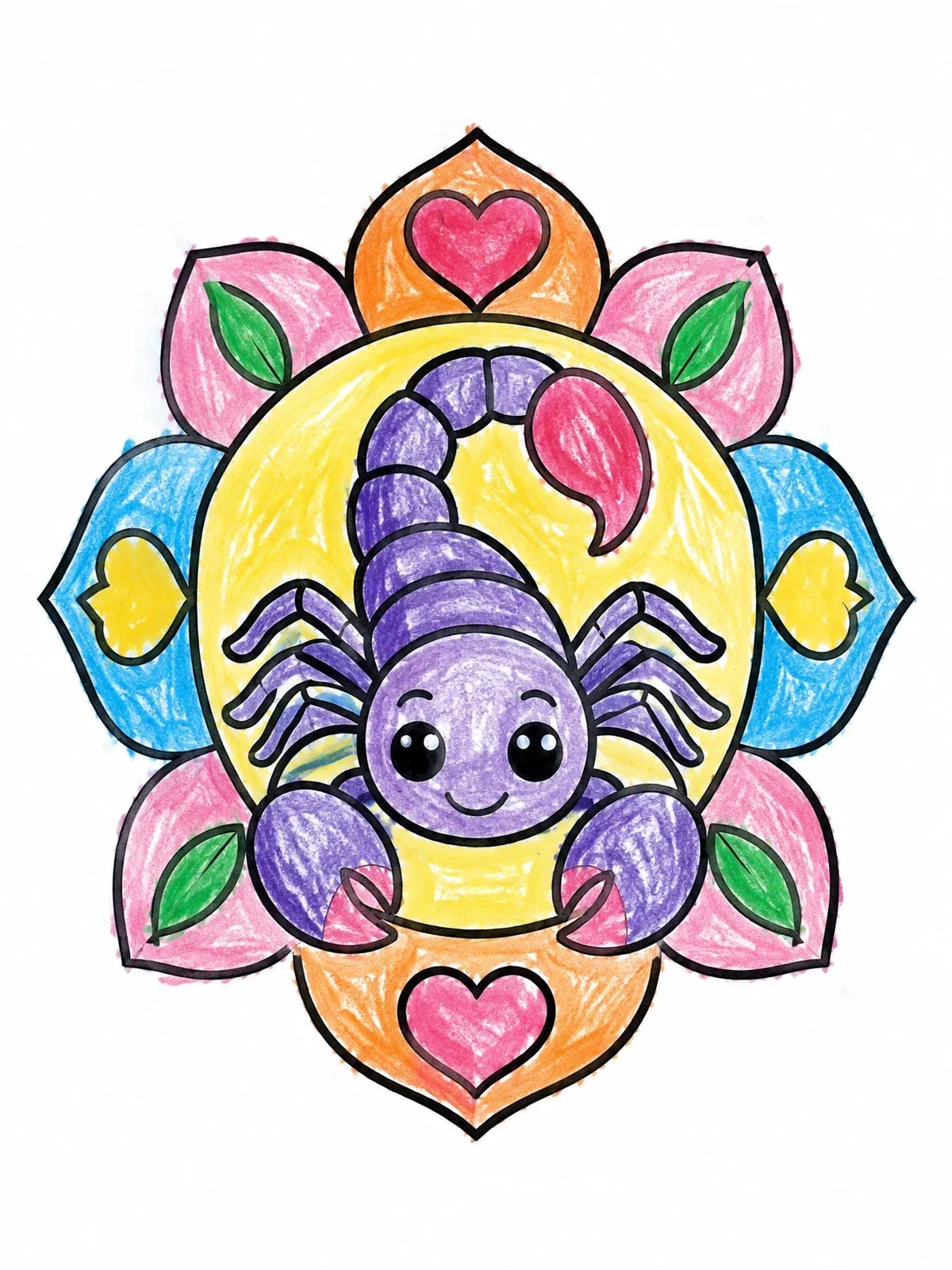Colored example of the Cute Scorpion Mandala With Hearts coloring page